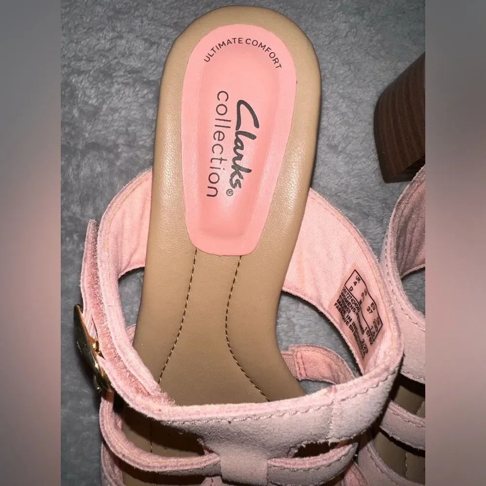 Clarks Heeled Slide Sandals Desirae Palm in powder pink  Suede Size 6.5